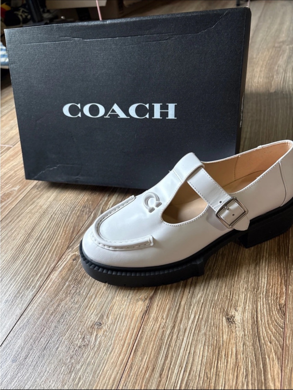 Coach White Leather Mary Jane Loafers with Black Lug Sole